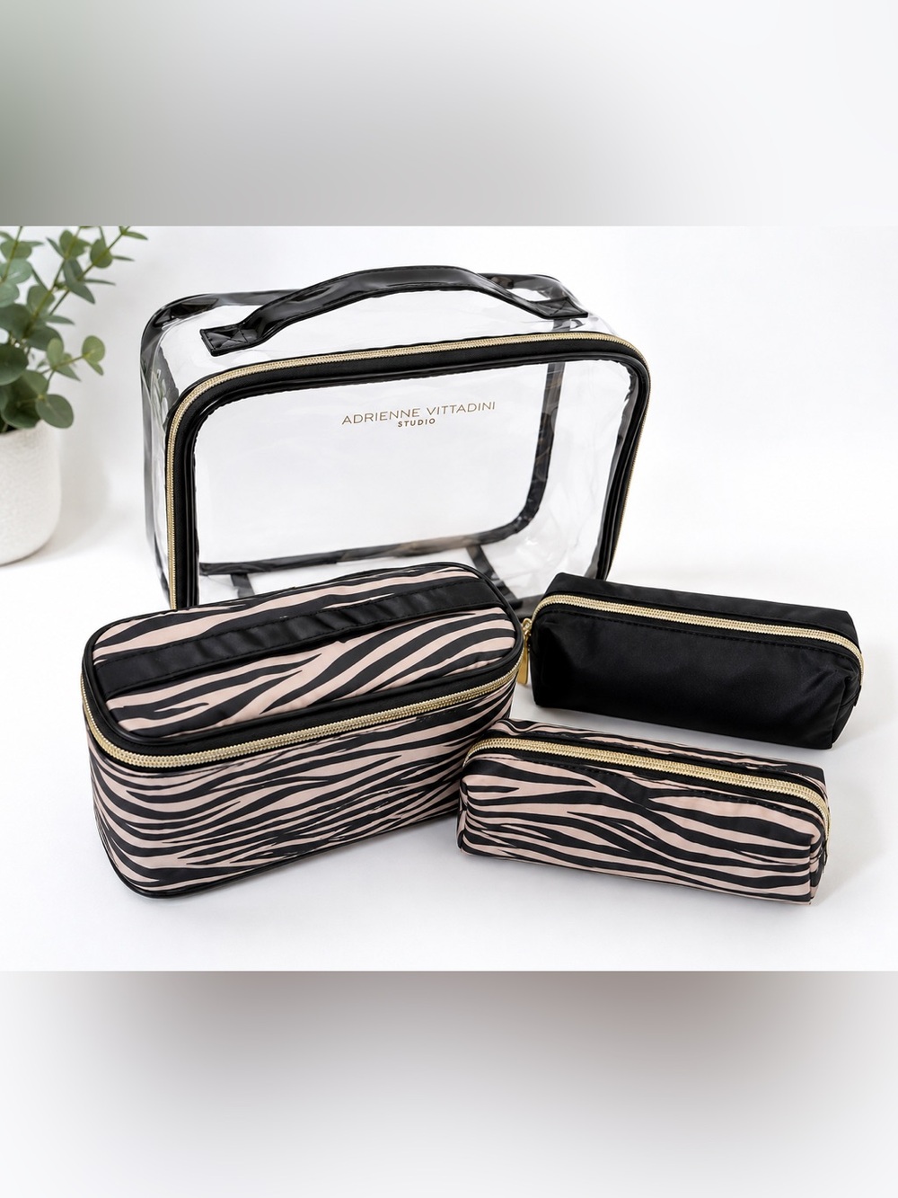 Adrienne Vittadini 4 Piece Cosmetic Case Travel Clear,Black, Zebra Print Pouches